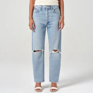 Agolde Light Wash Denim Distressed 90's Mid Rise Straight Jeans in Alter Size 22